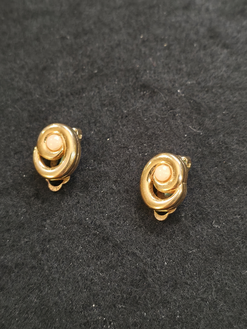 Vtg Nina Ricci Gold Swirl Clip-On Earrings with Faux Pearl - Signed Authentic